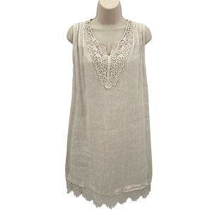 Carla Conti Womens Linen Sleeveless Tunic Dress Lace Trimmed Neck & Hem Beige S